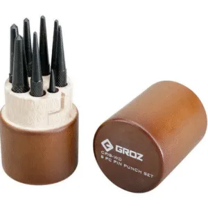 CP/8/WD/ST GROZ CENTRE PUNCH SET, IN ROUND WOODEN CASE, 8 PCE