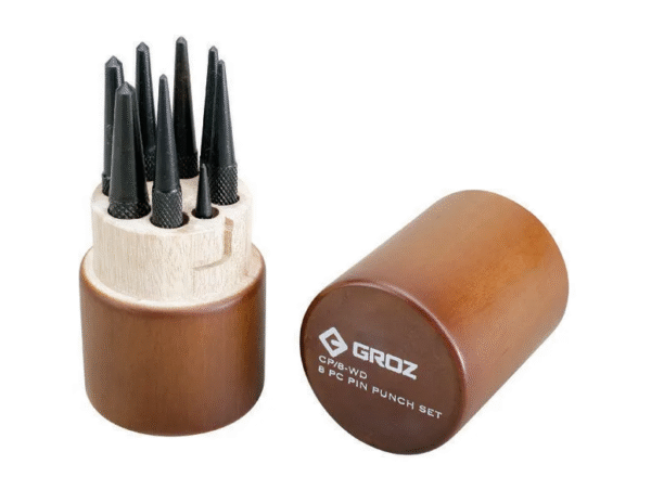 CP/8/WD/ST GROZ CENTRE PUNCH SET, IN ROUND WOODEN CASE, 8 PCE