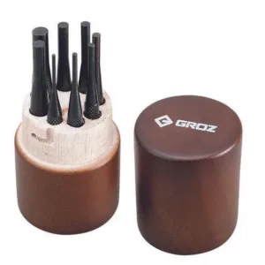 PP/8/WD/ST GROZ PIN PUNCH SET, IN ROUND WOODEN CASE, 100MM OAL, 8 PCE