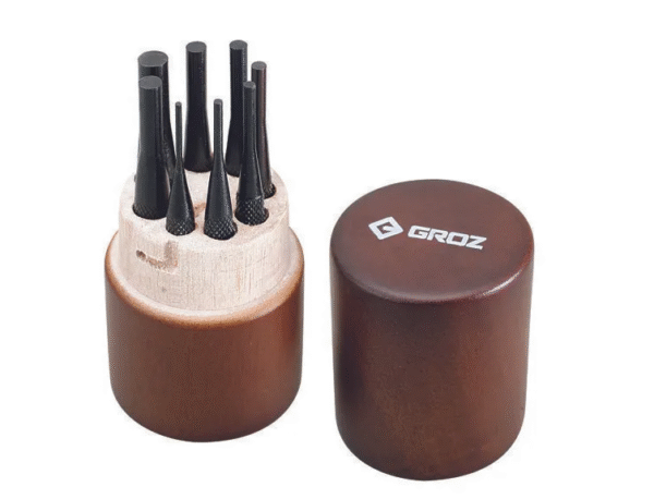 PP/8/WD/ST GROZ PIN PUNCH SET, IN ROUND WOODEN CASE, 100MM OAL, 8 PCE