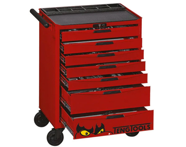 TENG 491PCE 26" 7 DRAWER ROLL CABINET MECHANIC'S TOOL KIT, METRIC, PS TRAYS, RED