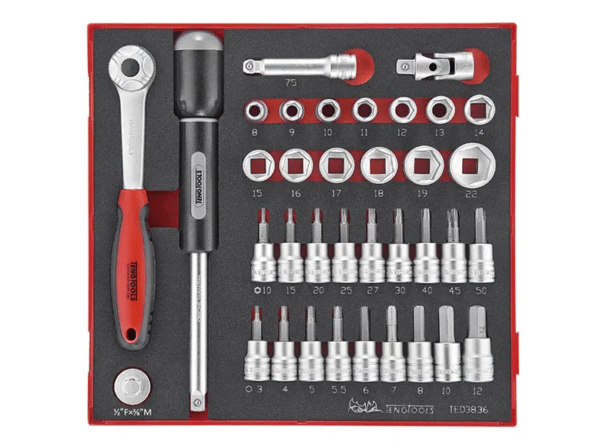 TENG 36PCE 3/8" DR. STD & TX/HEX SOCKET SET - TED-TRAY
